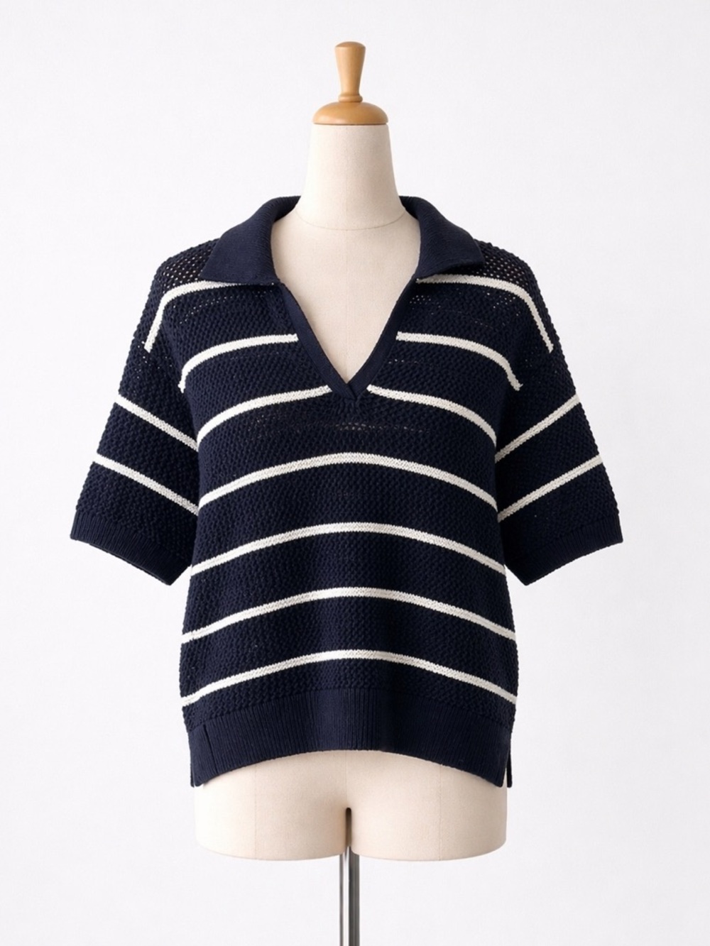 Old Navy Navy & White Striped Knit V-Neck Polo Sweater